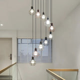 Minimalist Black Metal Grenade Cage Pendant Light For Staircase With Multiple Lights 10 /