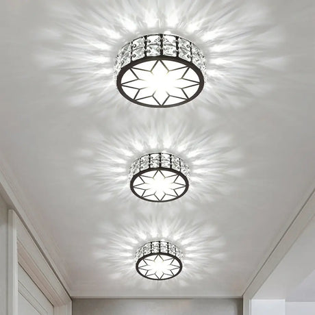 Minimalist Black Metal Round Led Ceiling Spotlight With Crystal Inserts - Flush Mount Lighting /