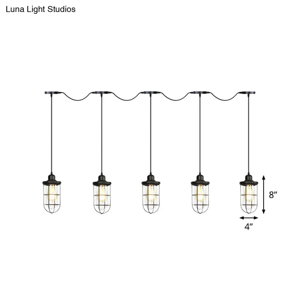 Minimalist Black Multi Light Chandelier With Clear Glass Cage - Farmhouse Tandem Ceiling Lamp