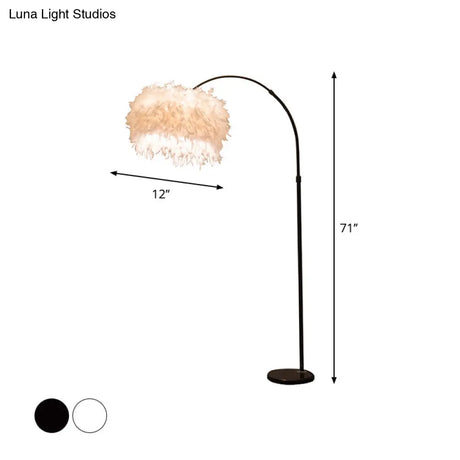 Minimalist Black/White Drum Floor Lamp With Feathered 1 Head Curved/Straight Pole