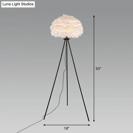 Minimalist Black-White Floor Lamp With Feather Dome Shade - 1-Light Living Room Stand Up Light