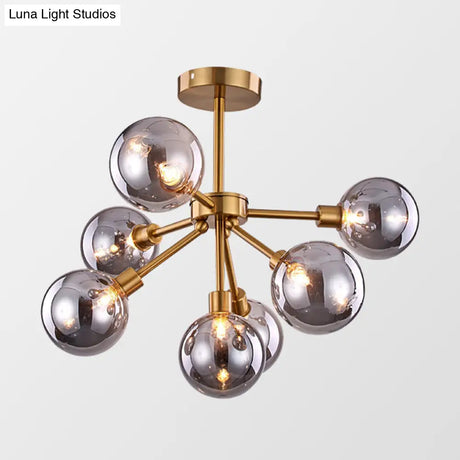 Minimalist Brass Flush Mount Chandelier With White/Smoke Gray Glass – 7/9/10 Lights