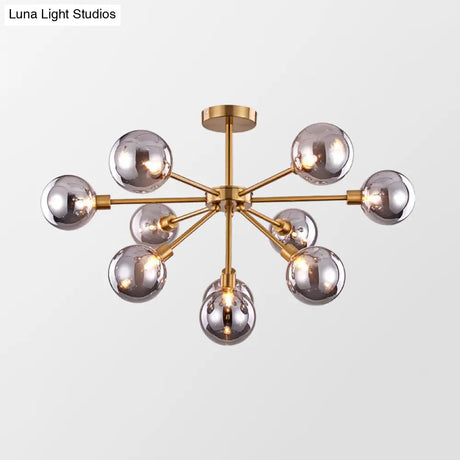 Minimalist Brass Flush Mount Chandelier With White/Smoke Gray Glass – 7/9/10 Lights