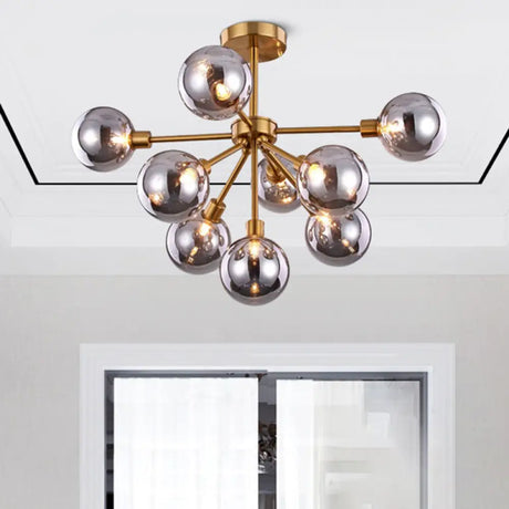 Minimalist Brass Flush Mount Chandelier With White/Smoke Gray Glass – 7/9/10 Lights 9 / Smoke