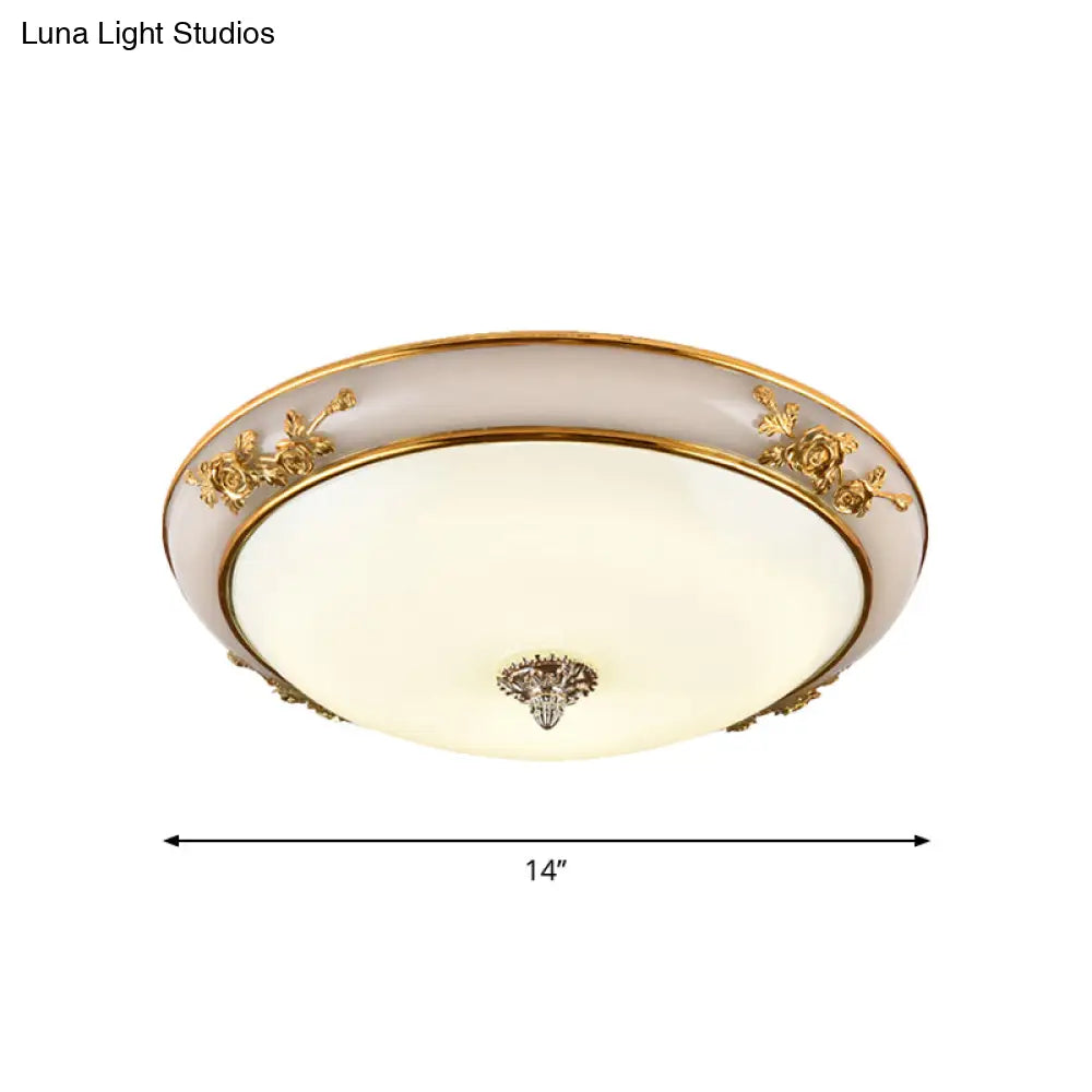 Minimalist Brass Opaline Glass Led Flush Light Fixture - Bowl Shaped Ceiling Lamp 14’/16’/19.5’ Wide