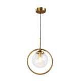 Minimalist Brass Plated Ball Drop Pendant Light With Clear Glass And Ring Decoration