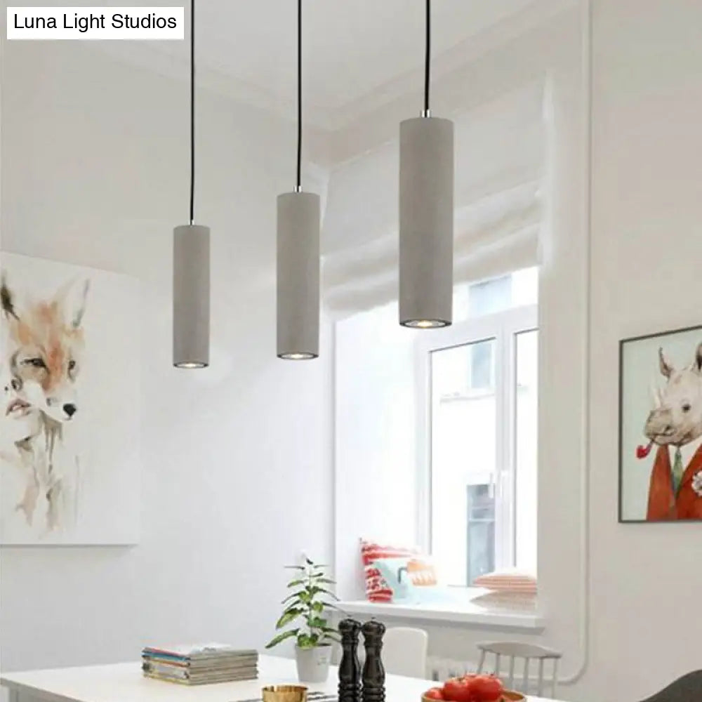 Minimalist Cement Tube Pendant Light Kit - Led Hanging Lamp In Grey 10’/19.5’ Tall For Bedroom
