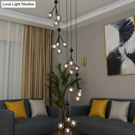 Minimalist Clear/Amber/Smoke Gray Glass Stair Cluster Pendant Lamp - Global 20-Light Ceiling Light