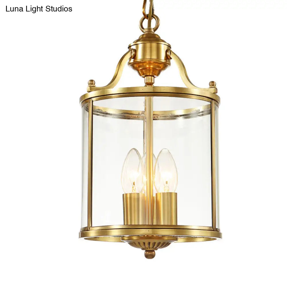 Minimalist Clear Glass Brass Cylinder Chandelier - Hanging Ceiling Light With 3 Bulbs 8/12 Wide