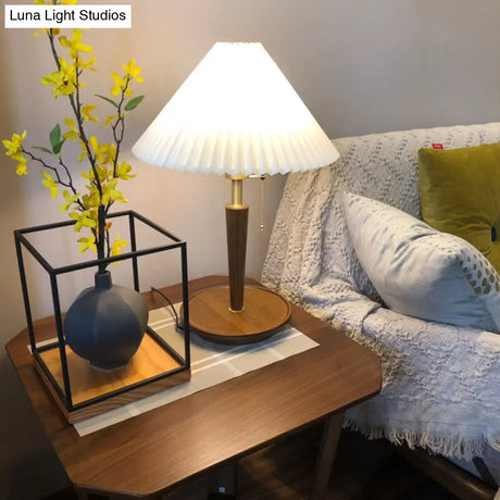 Minimalist Cone Pleated Fabric Nightstand Lamp With Pull Chain - White 1-Light Table Light For