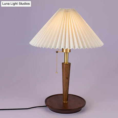 Minimalist Cone Pleated Fabric Nightstand Lamp With Pull Chain - White 1-Light Table Light For