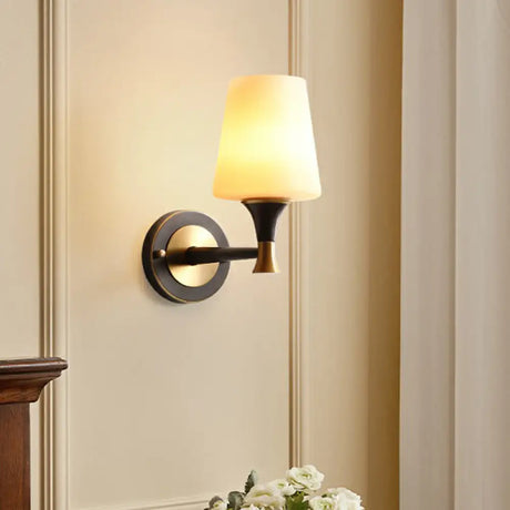 Minimalist Conical Glass Wall Sconce With 1 Bulb Black & Brass White