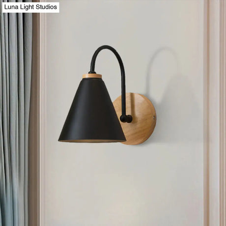 Minimalist Conical Wall Sconce With Metal Shade And Gooseneck Arm Black/White 6 Width