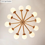 Sleek Minimalist Cream Glass Bedroom Chandelier Light With Wood-Embellished Modo Shaped