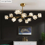 Minimalist Crystal Cube Pendant Chandelier With Gold Finish And Branch Design
