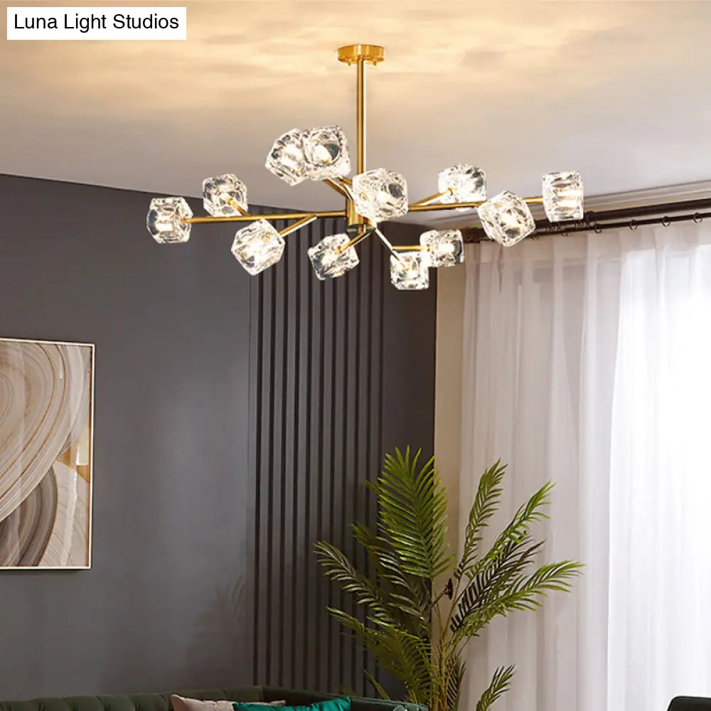 Minimalist Crystal Cube Pendant Chandelier With Gold Finish And Branch Design