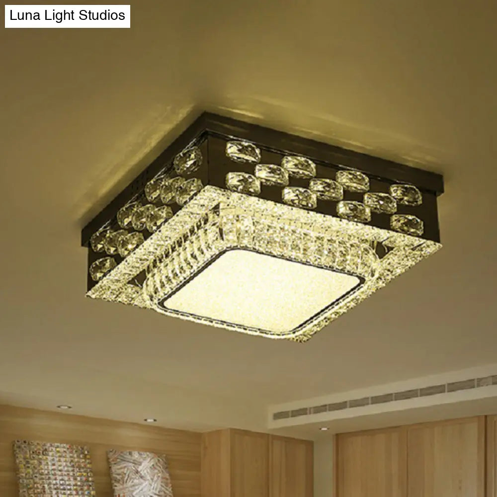 Minimalist Crystal Led Ceiling Light: Round/Square Flush Mount In Warm/White Light Chrome Finish