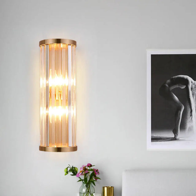 Minimalist Crystal Wall Sconce With 2 Bulbs For Living Room Lighting Clear / Round