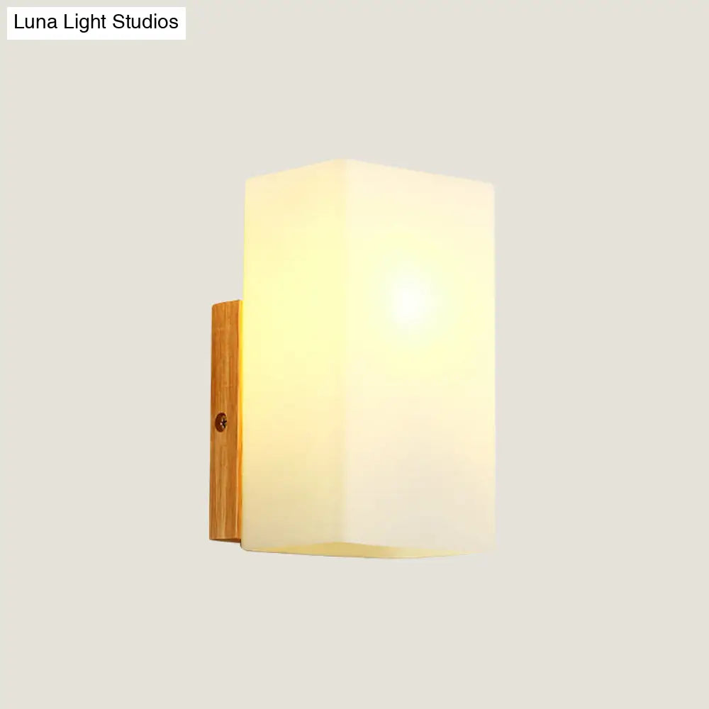 Minimalist Cube Wall Sconce With Opal Glass And Wood Detail