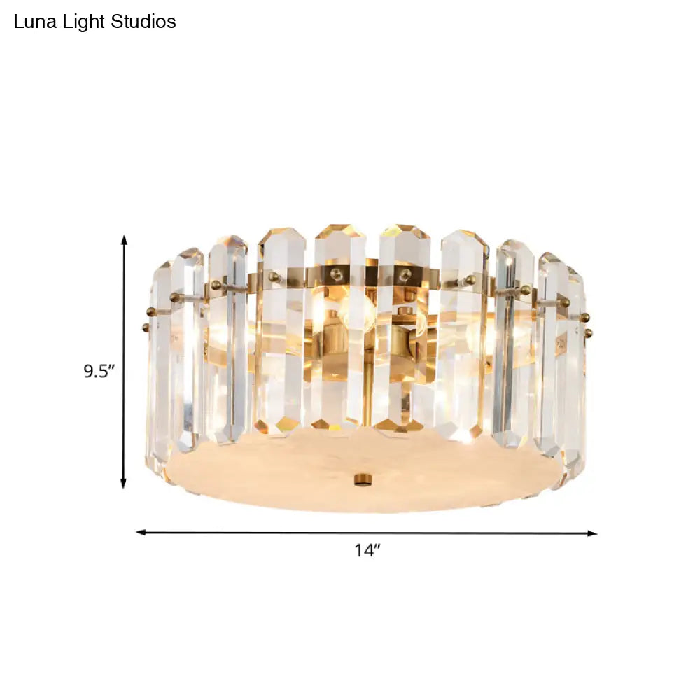 Minimalist Drum Clear Crystal Flush Mount Light Fixture With 4 Bulbs