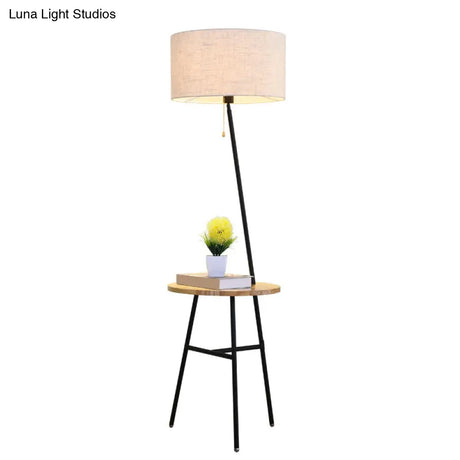 Minimalist Drum Floor Lamp In Black With Wooden Tray And Pull Chain Ideal For Living Room