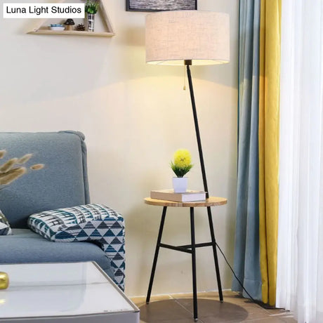 Minimalist Drum Floor Lamp In Black With Wooden Tray And Pull Chain Ideal For Living Room