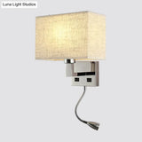 Minimalist Fabric Cuboid Wall Light Kit - 1-Light White/Beige Spotlight Sconce Lamp With Charging