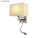 Minimalist Fabric Cuboid Wall Light Kit - 1-Light White/Beige Spotlight Sconce Lamp With Charging