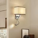 Minimalist Fabric Cuboid Wall Light Kit - 1-Light White/Beige Spotlight Sconce Lamp With Charging