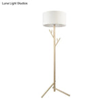 Minimalist Fabric Drum Floor Lamp With Wood Coat Rack - 1 Head Bedroom Lighting