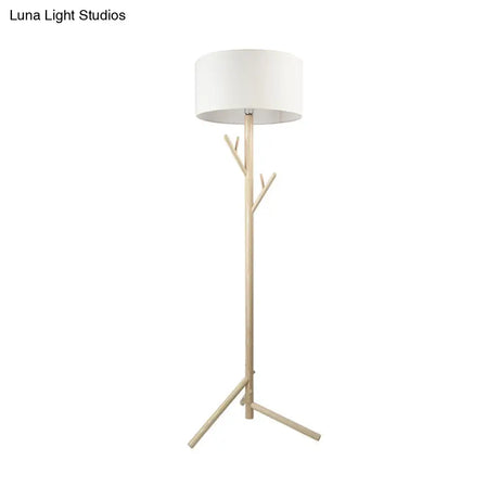 Minimalist Fabric Drum Floor Lamp With Wood Coat Rack - 1 Head Bedroom Lighting