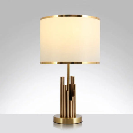 Minimalist Fabric Round Shade Table Lamp - 1 Light Brass Nightstand Lighting For Study Room