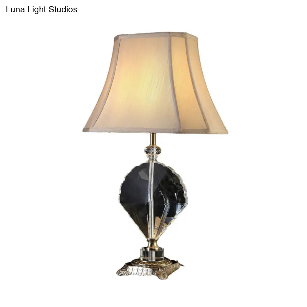 Minimalist Fabric Table Lamp With Leaf Crystal Accent - Beige Night Light