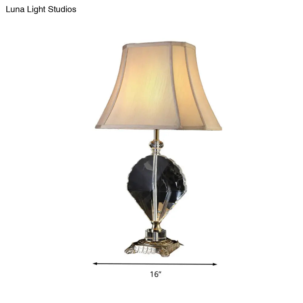 Minimalist Fabric Table Lamp With Leaf Crystal Accent - Beige Night Light