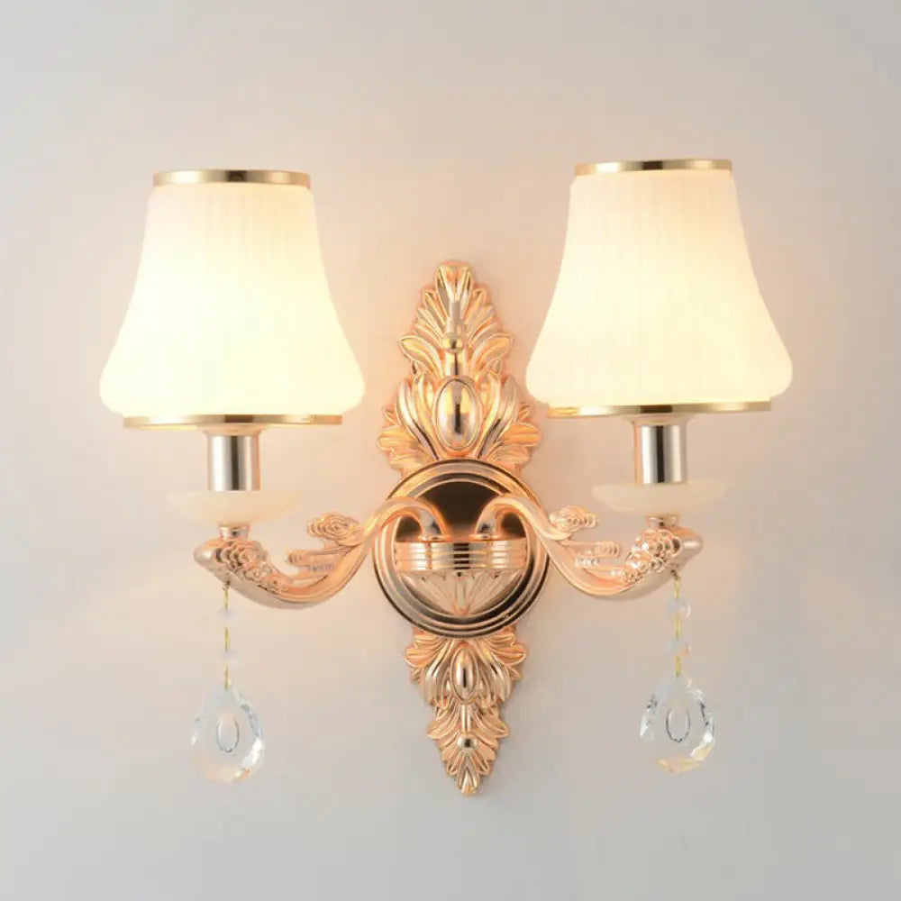 Minimalist Flared White Glass Wall Light With Teardrop Crystal - Perfect For Living Room Sconce 2 /