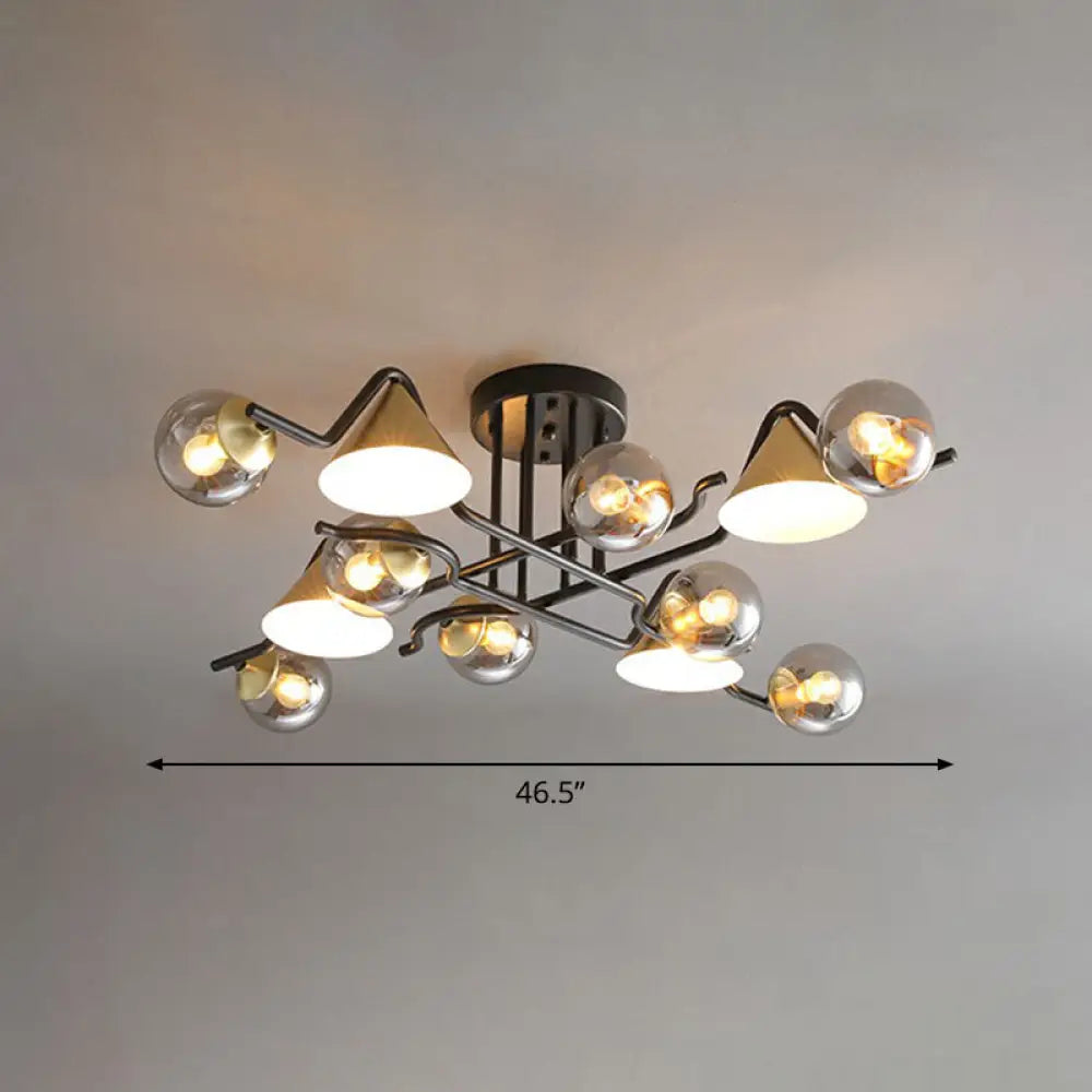 Minimalist Glass Semi Flush Ceiling Light - Cone And Ball Shaped Black - Brass Finish 12 / Smoke