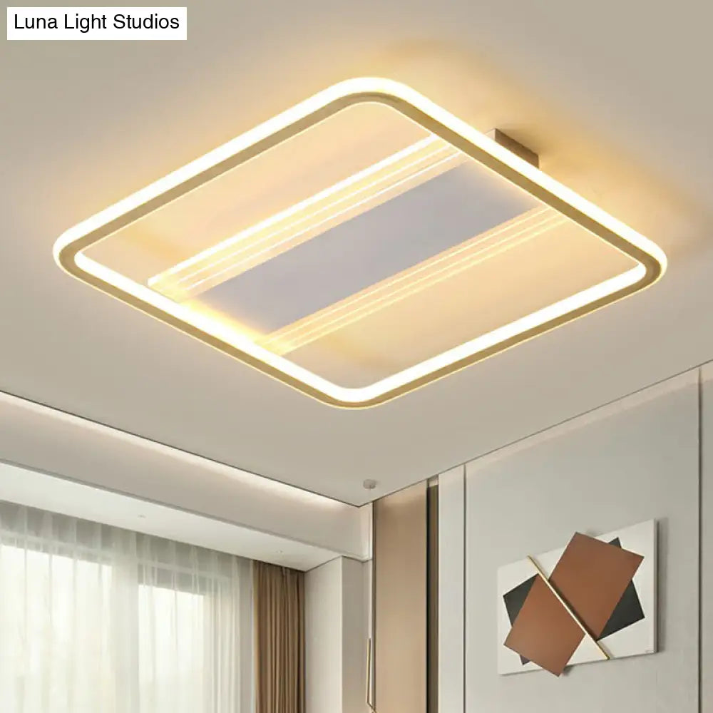 Minimalist Gold And White Flush Light For Bedroom With Square Acrylic Shade