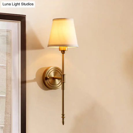 Minimalist Gold Bedroom Wall Light Kit - Tapered Fabric Shade Pencil Arm Mount Reading Lamp