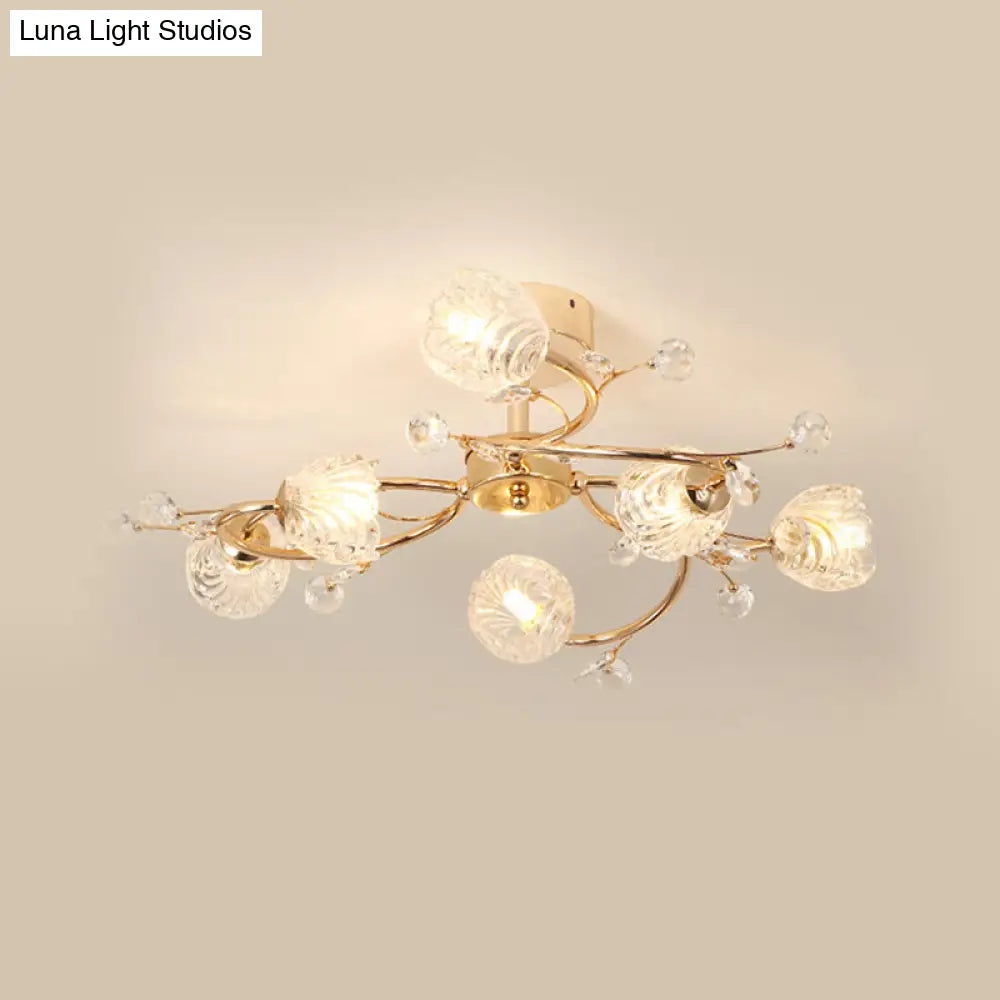 Minimalist Gold Ceiling Light Fixture With Bloom Clear Crystal Shade - 6 - Head Bedroom Semi Flush