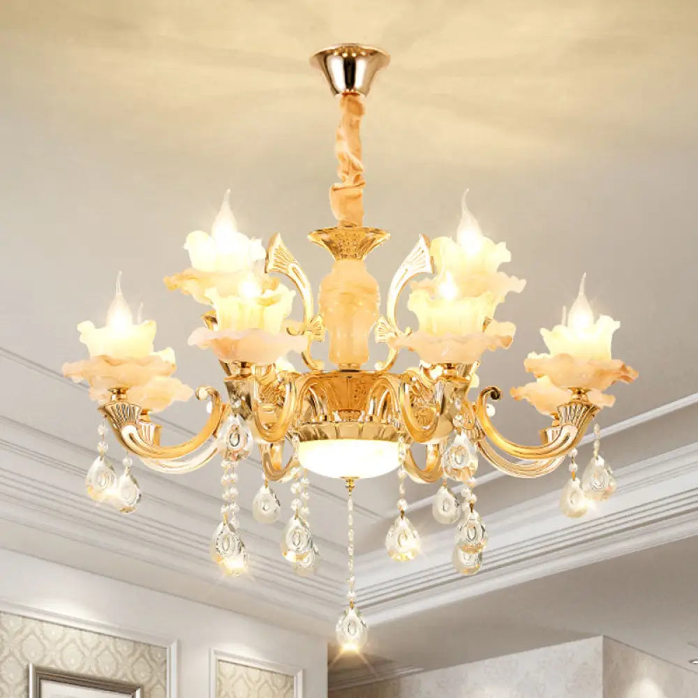 Minimalist Gold Chandelier With Blossom Jade Crystal Draping And Hanging Lamp Kit 12 / A