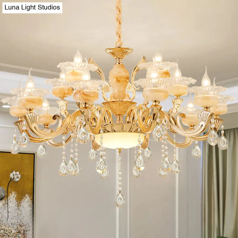 Minimalist Gold Chandelier With Blossom Jade Crystal Draping And Hanging Lamp Kit