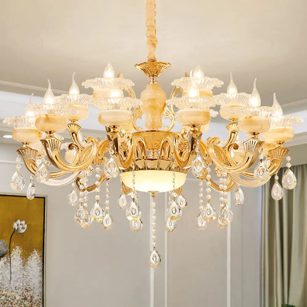 Minimalist Gold Chandelier With Blossom Jade Crystal Draping And Hanging Lamp Kit 18 / B