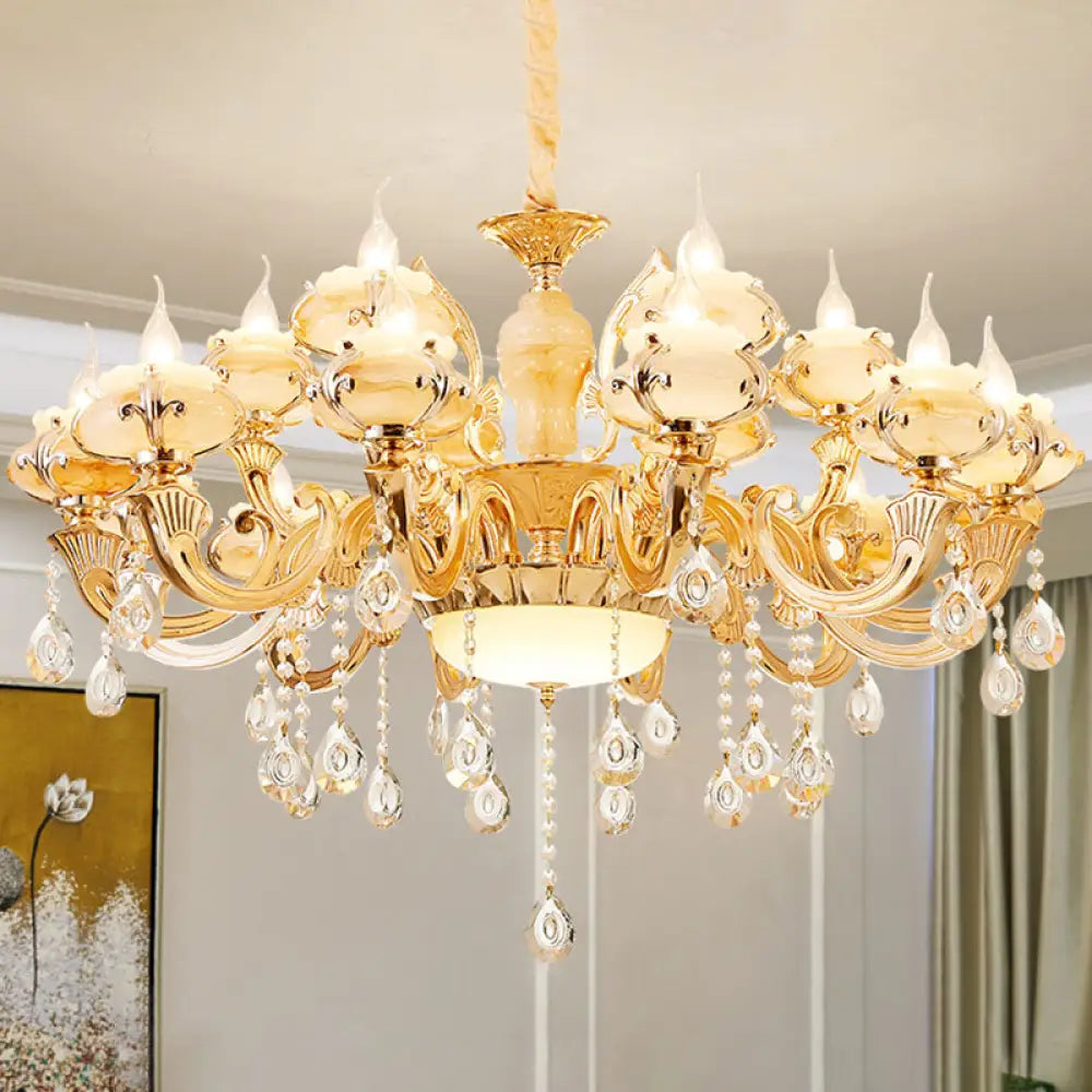 Minimalist Gold Chandelier With Blossom Jade Crystal Draping And Hanging Lamp Kit 18 / C