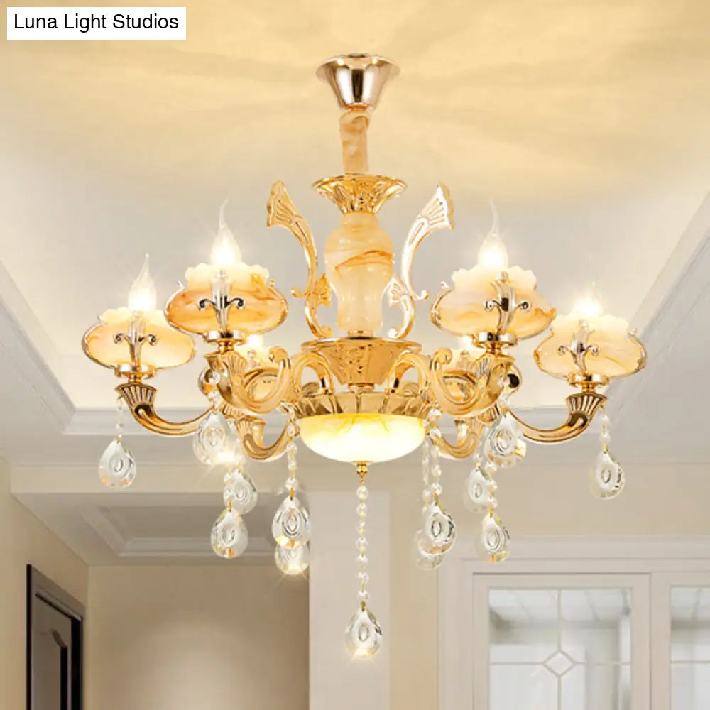 Minimalist Gold Chandelier With Blossom Jade Crystal Draping And Hanging Lamp Kit