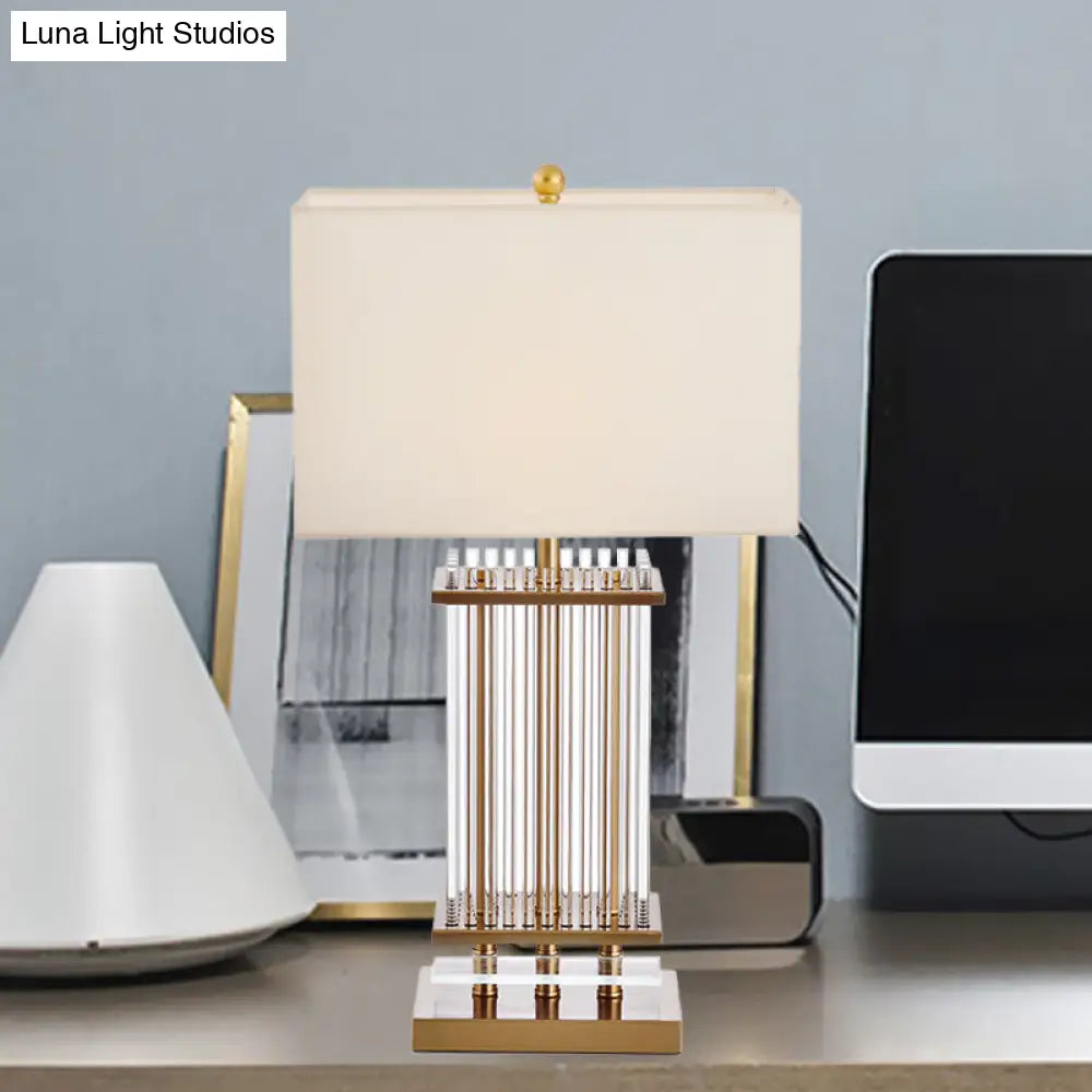 Minimalist Gold Desk Lamp With Clear Glass Bars - White Fabric Rectangle Night Table Light