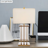 Minimalist Gold Desk Lamp With Clear Glass Bars - White Fabric Rectangle Night Table Light