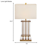 Minimalist Gold Desk Lamp With Clear Glass Bars - White Fabric Rectangle Night Table Light