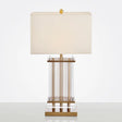 Minimalist Gold Desk Lamp With Clear Glass Bars - White Fabric Rectangle Night Table Light