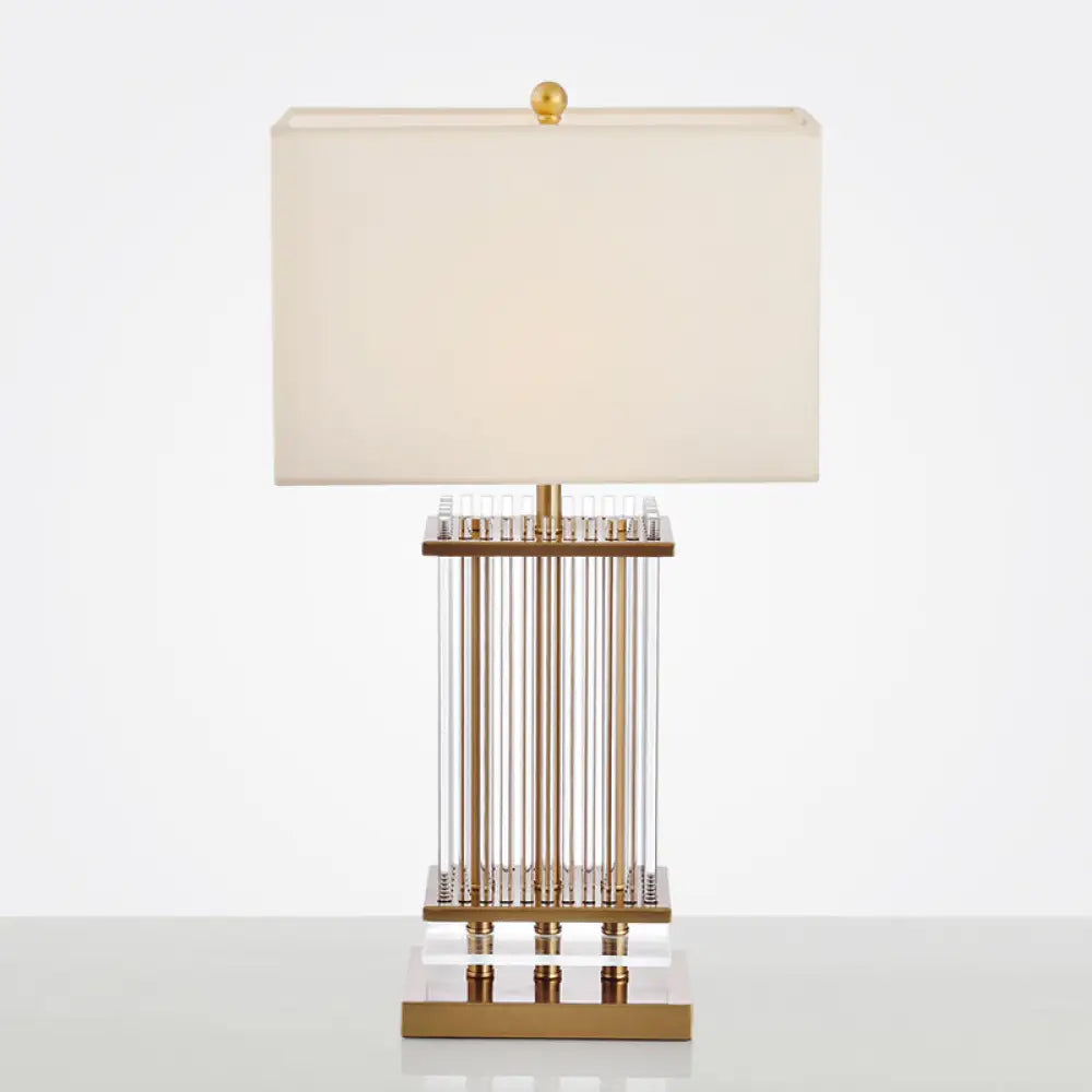 Minimalist Gold Desk Lamp With Clear Glass Bars - White Fabric Rectangle Night Table Light
