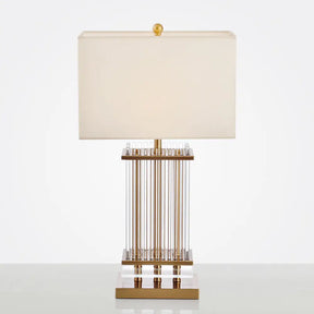 Minimalist Gold Desk Lamp With Clear Glass Bars - White Fabric Rectangle Night Table Light